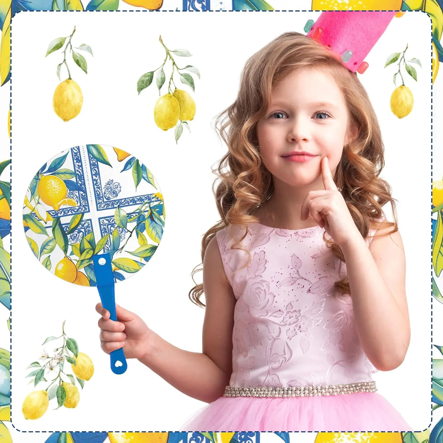 36 Pcs Summer Lemon Handheld Fans Blue White Yellow Lemon Themed Party Decor Chinoiserie Porcelain Plastic Round Hand Fans Bulk for Women Daily Use Wedding Decoration Bridal Bridesmaid Gift