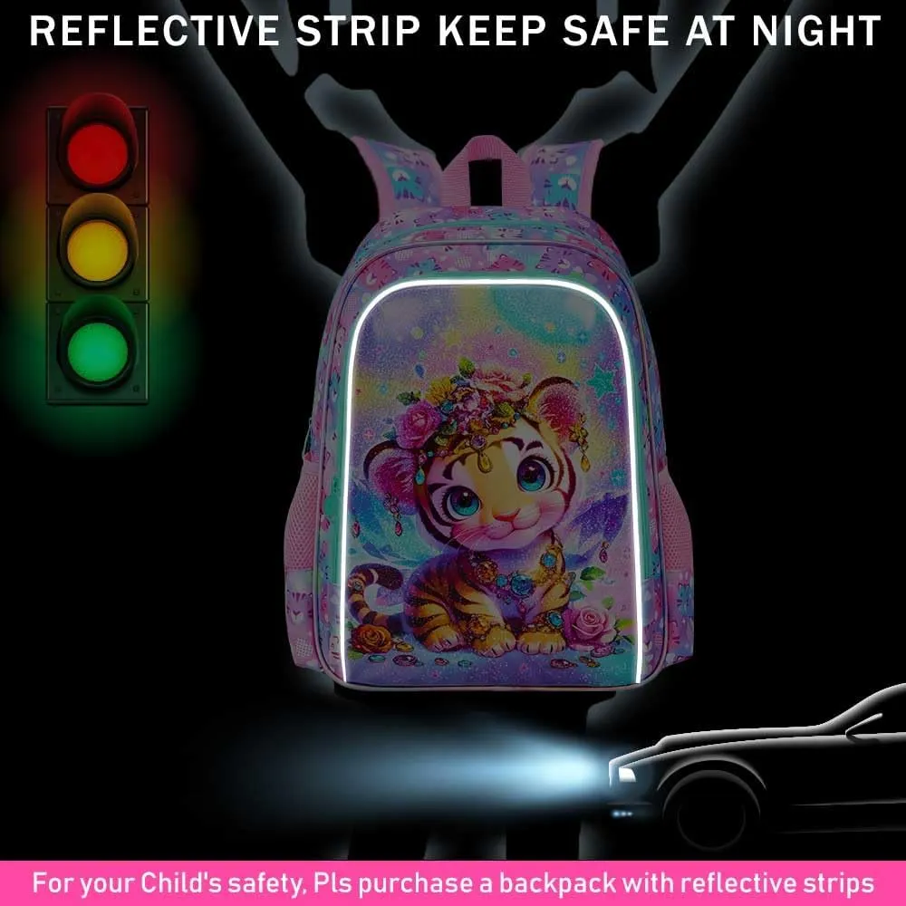 3Pcs Backpack for Girls, 16" Kids Bookbag with Lunch Box，Tiger School Backpacks for Elementary Preschool Kindergarten (Pink)
