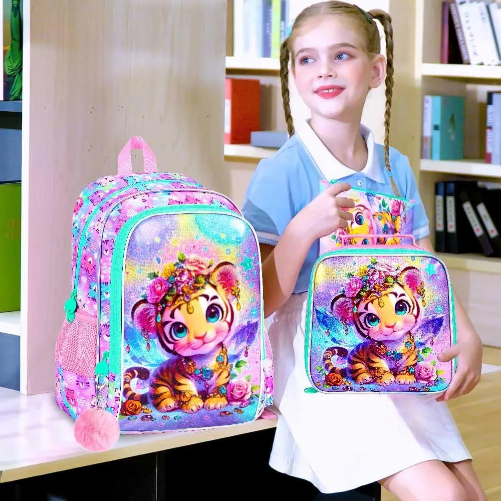 3Pcs Backpack for Girls, 16" Kids Bookbag with Lunch Box，Tiger School Backpacks for Elementary Preschool Kindergarten (Pink)