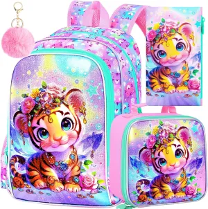 3Pcs Backpack for Girls, 16" Kids Bookbag with Lunch Box，Tiger School Backpacks for Elementary Preschool Kindergarten (Pink)