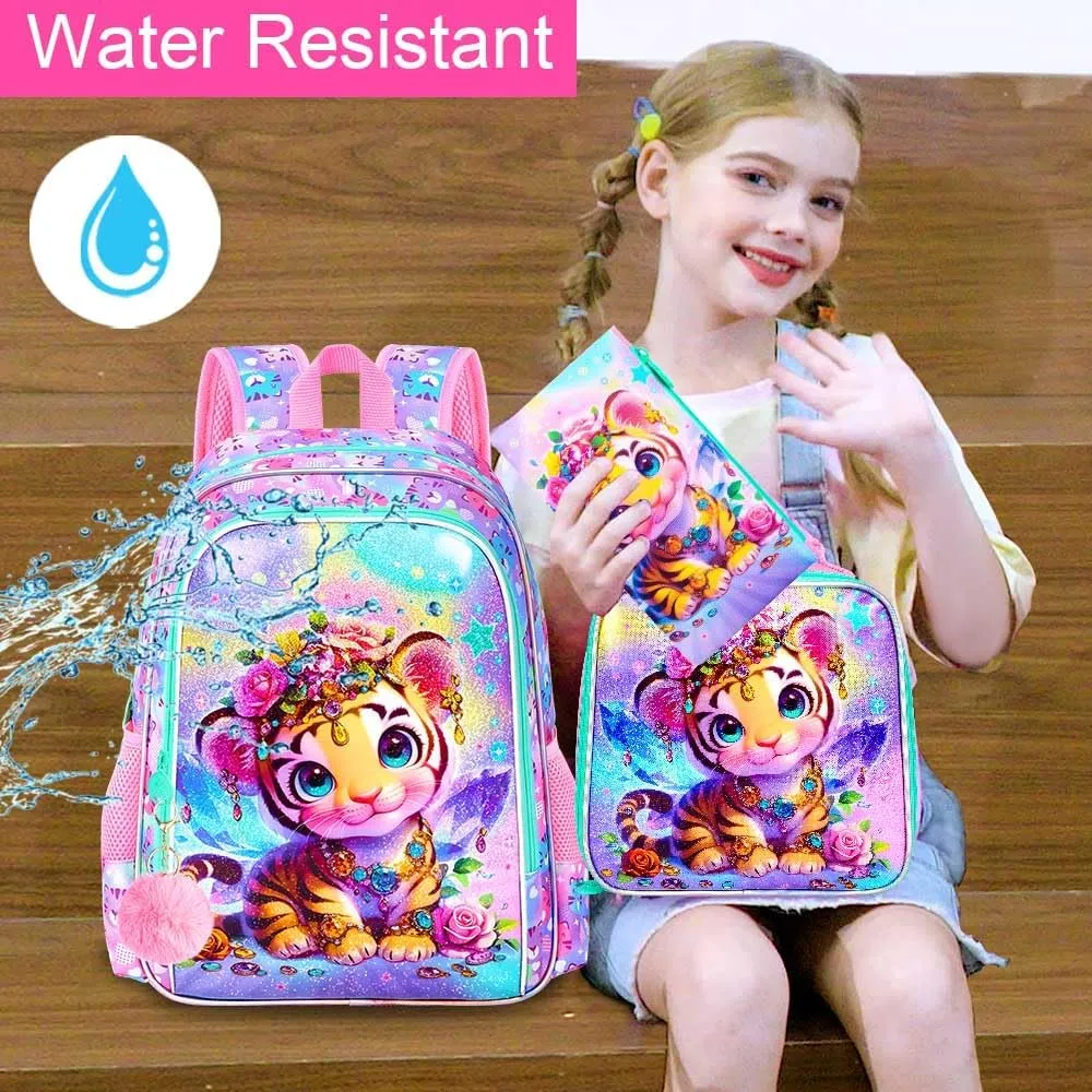 3Pcs Backpack for Girls, 16" Kids Bookbag with Lunch Box，Tiger School Backpacks for Elementary Preschool Kindergarten (Pink)