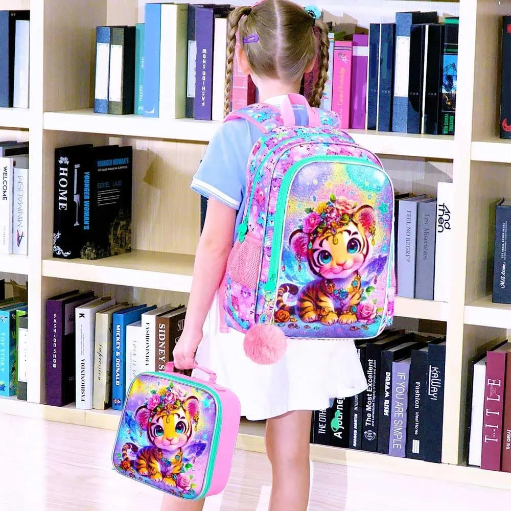 3Pcs Backpack for Girls, 16" Kids Bookbag with Lunch Box，Tiger School Backpacks for Elementary Preschool Kindergarten (Pink)