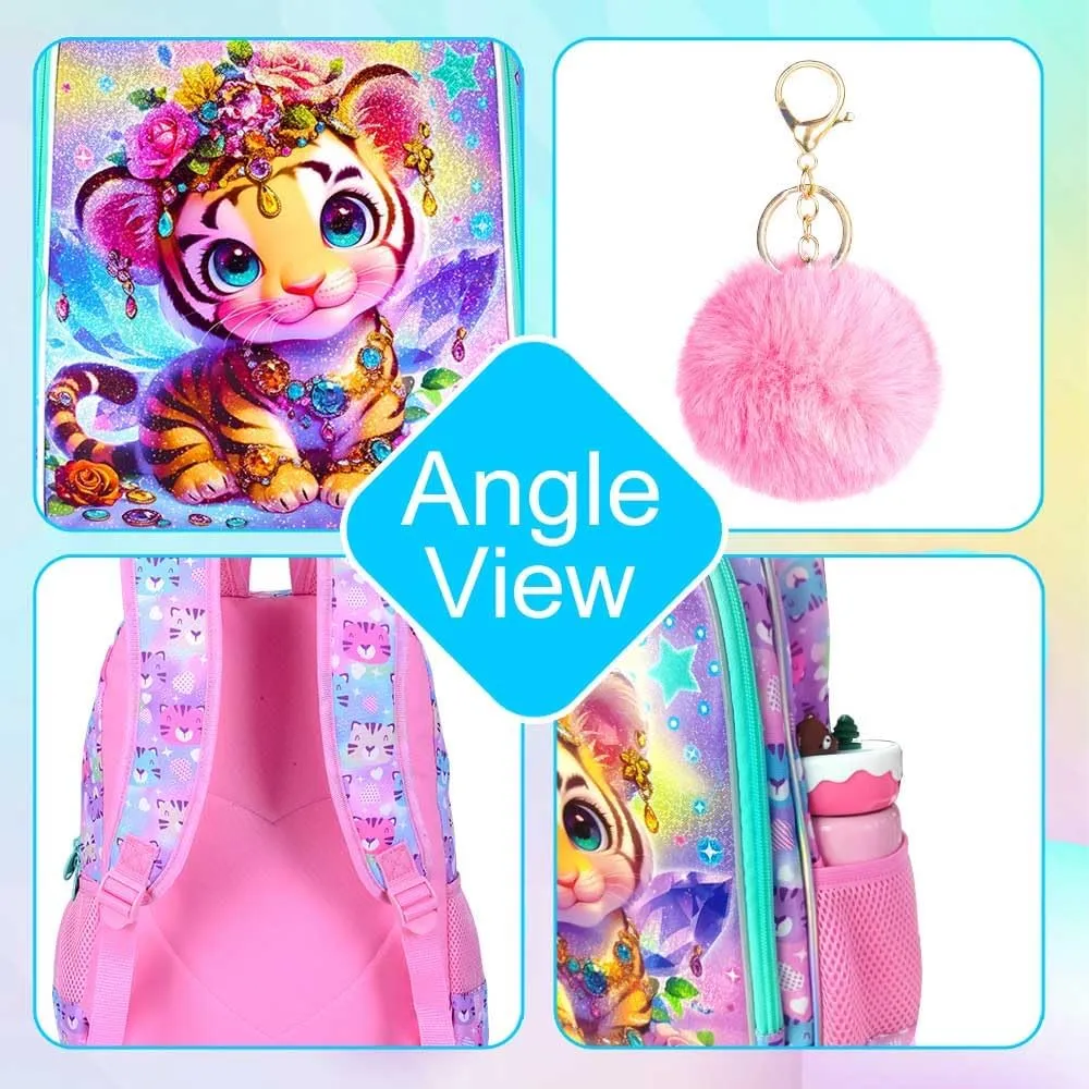3Pcs Backpack for Girls, 16" Kids Bookbag with Lunch Box，Tiger School Backpacks for Elementary Preschool Kindergarten (Pink)