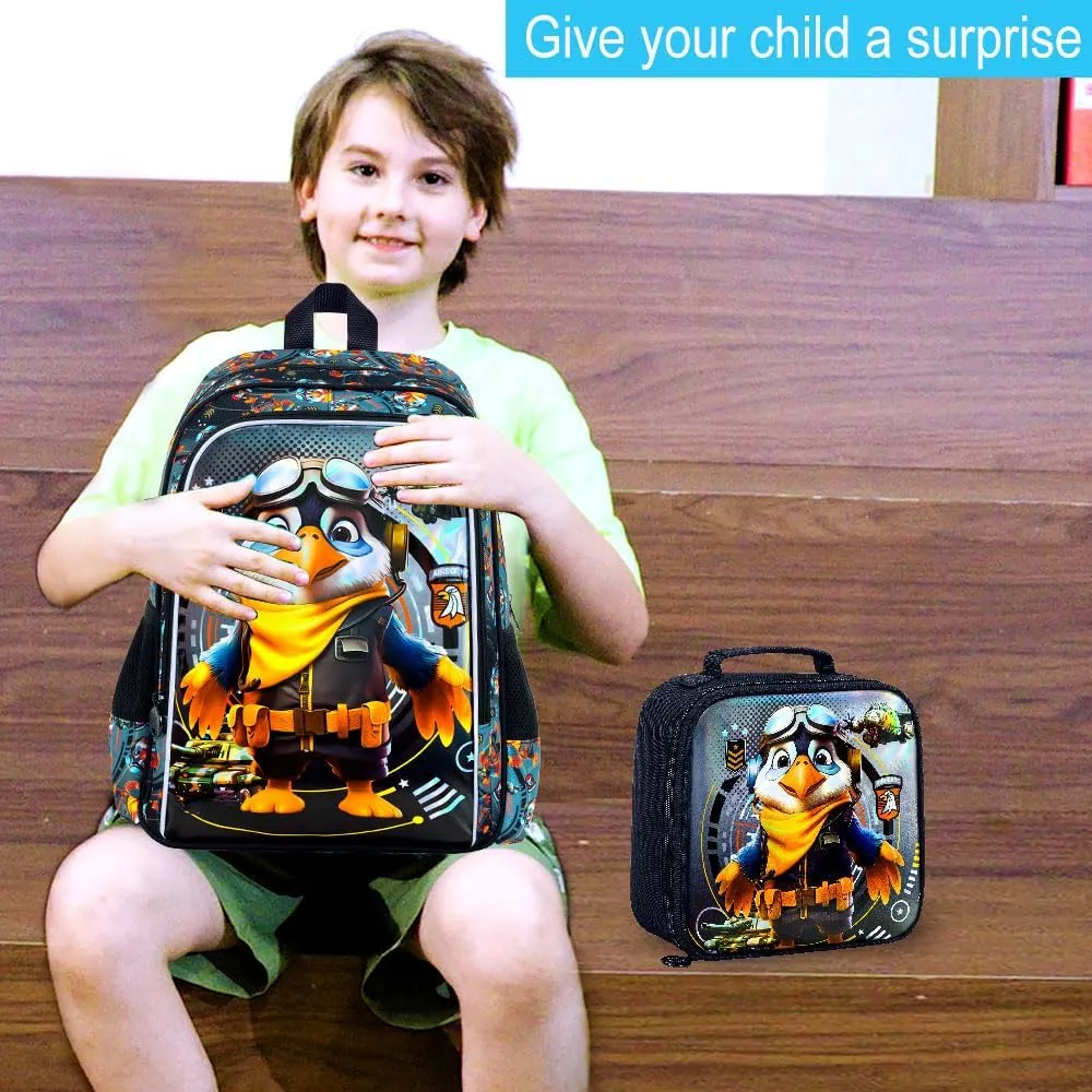 3Pcs Boys Backpack, 16" Kids Bookbag with Lunch Box, Eagle School Backpacks for Elementary Preschool Kindergarten (Black)