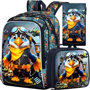 3Pcs Boys Backpack, 16" Kids Bookbag with Lunch Box, Eagle School Backpacks for Elementary Preschool Kindergarten (Black)