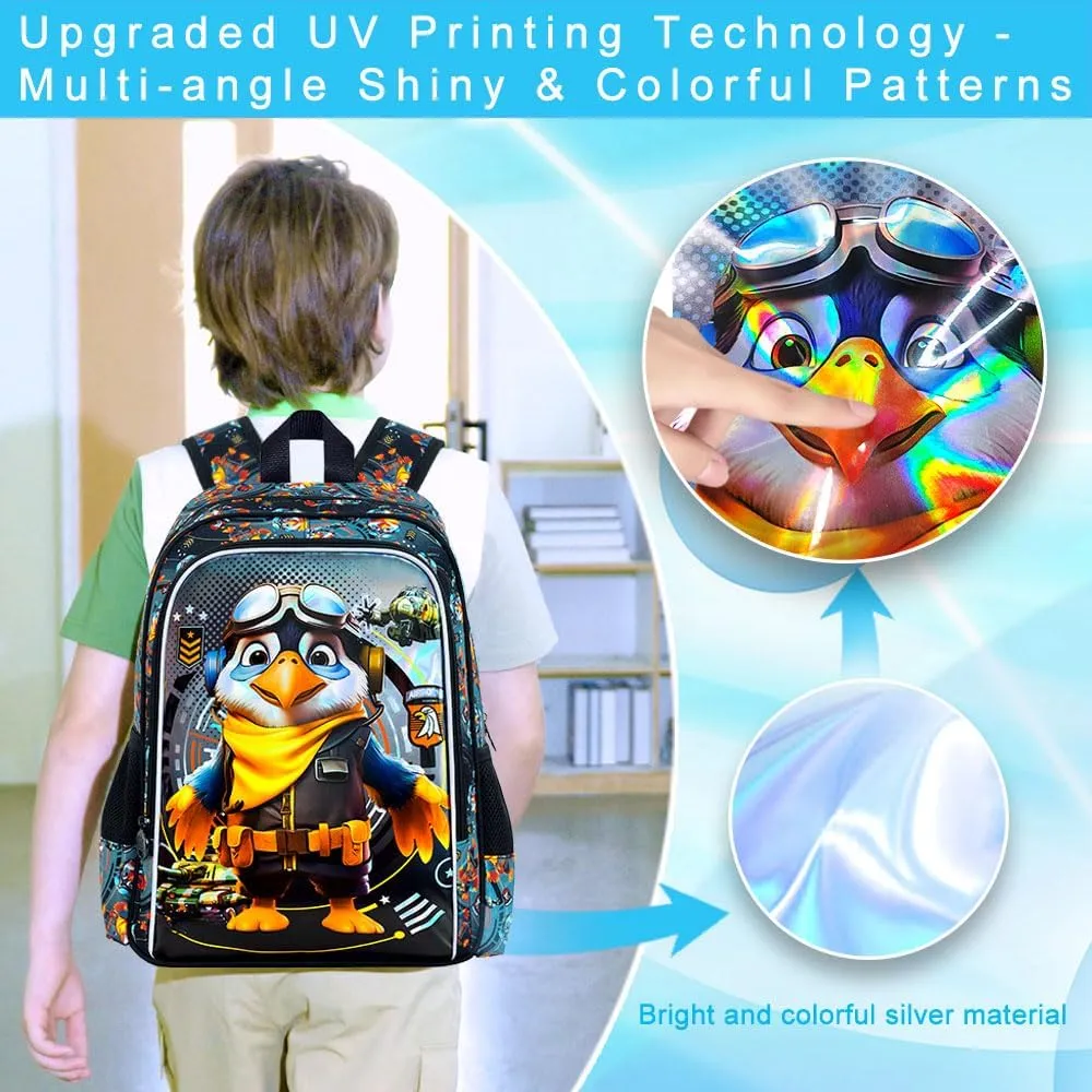 3Pcs Boys Backpack, 16" Kids Bookbag with Lunch Box, Eagle School Backpacks for Elementary Preschool Kindergarten (Black)