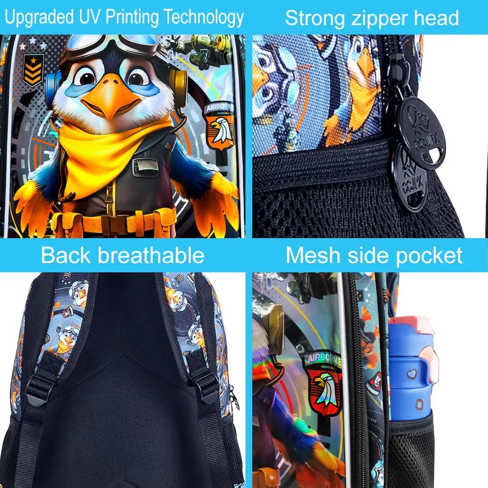 3Pcs Boys Backpack, 16" Kids Bookbag with Lunch Box, Eagle School Backpacks for Elementary Preschool Kindergarten (Black)