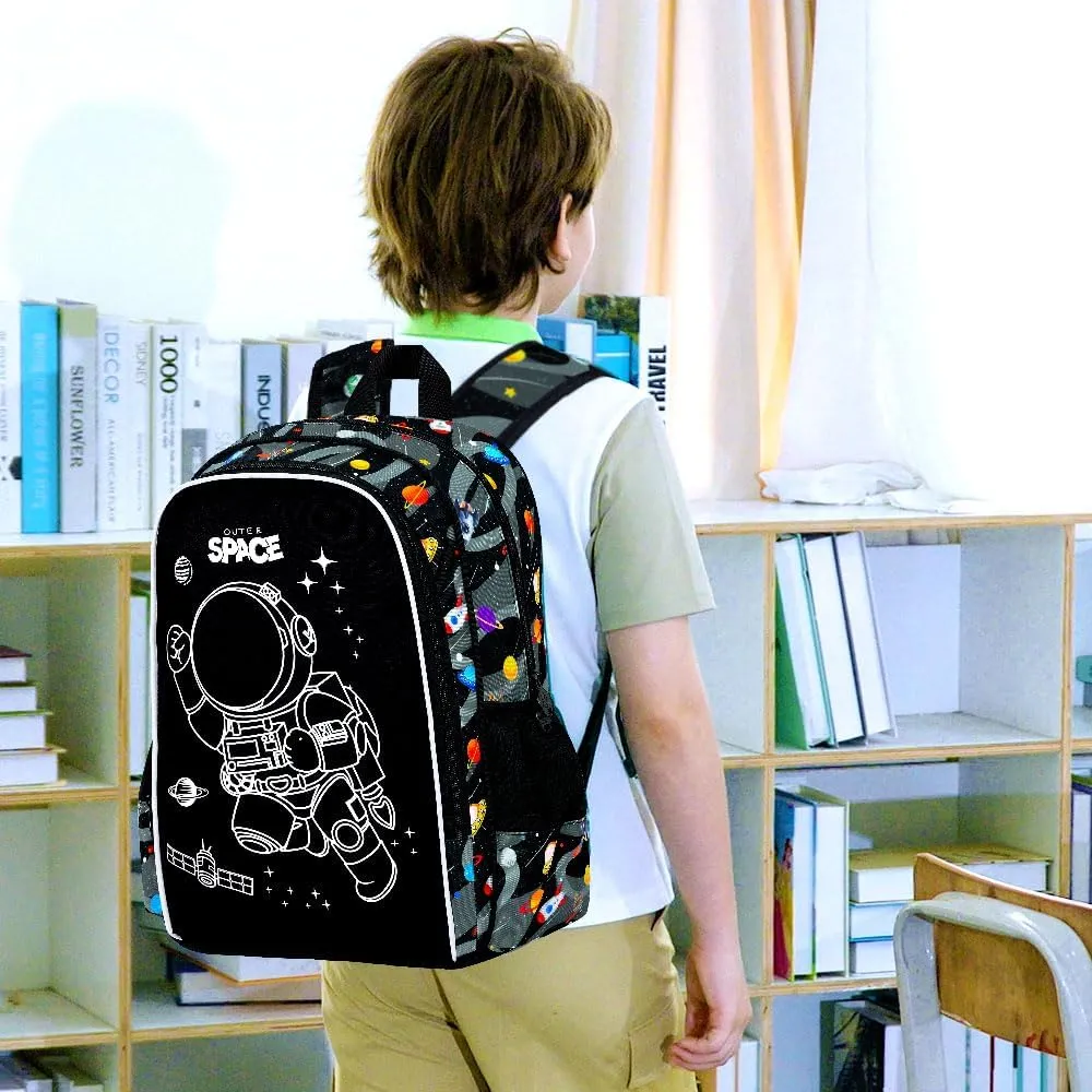 3Pcs Glow in The Dark Space Backpack for Boys, 17 Inches Astronaut School Bookbag Set for Teens, Laptop Backpacks with Lunch Bag(Black)