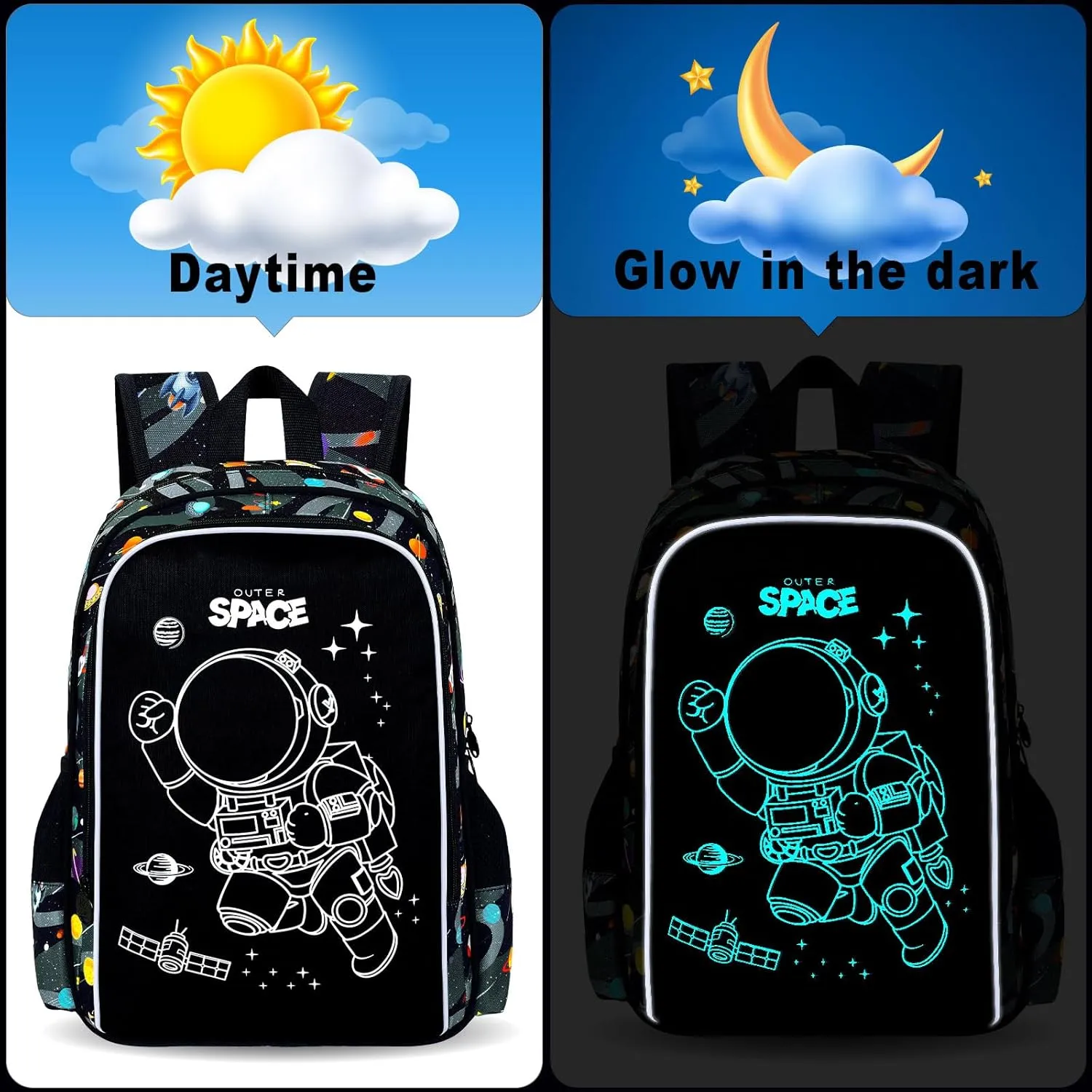 3Pcs Glow in The Dark Space Backpack for Boys, 17 Inches Astronaut School Bookbag Set for Teens, Laptop Backpacks with Lunch Bag(Black)