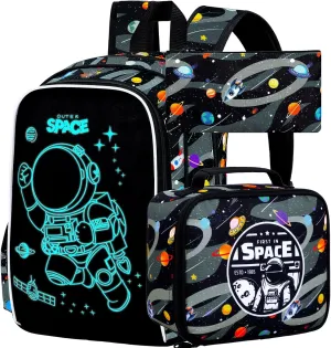 3Pcs Glow in The Dark Space Backpack for Boys, 17 Inches Astronaut School Bookbag Set for Teens, Laptop Backpacks with Lunch Bag(Black)