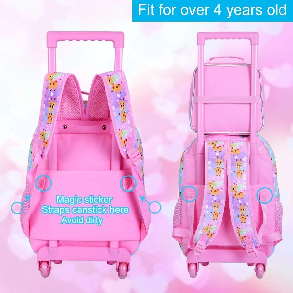 3PCS Rolling Backpack for Girls Boys, Kids Roller Wheeled Bookbag with Lunch Box, Backpacks with Wheels for Elementary