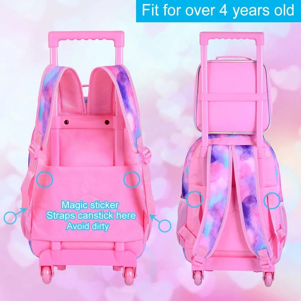3PCS Rolling Backpack for Girls Boys, Kids Roller Wheeled Bookbag with Lunch Box, Backpacks with Wheels for Elementary