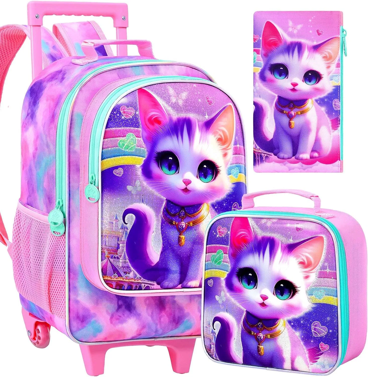 3PCS Rolling Backpack for Girls Boys, Kids Roller Wheeled Bookbag with Lunch Box, Backpacks with Wheels for Elementary