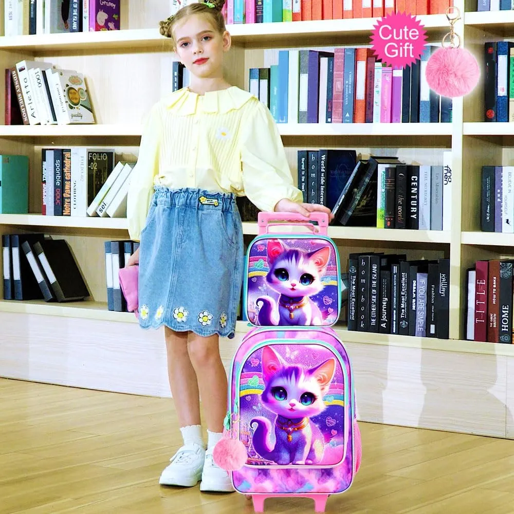 3PCS Rolling Backpack for Girls Boys, Kids Roller Wheeled Bookbag with Lunch Box, Backpacks with Wheels for Elementary