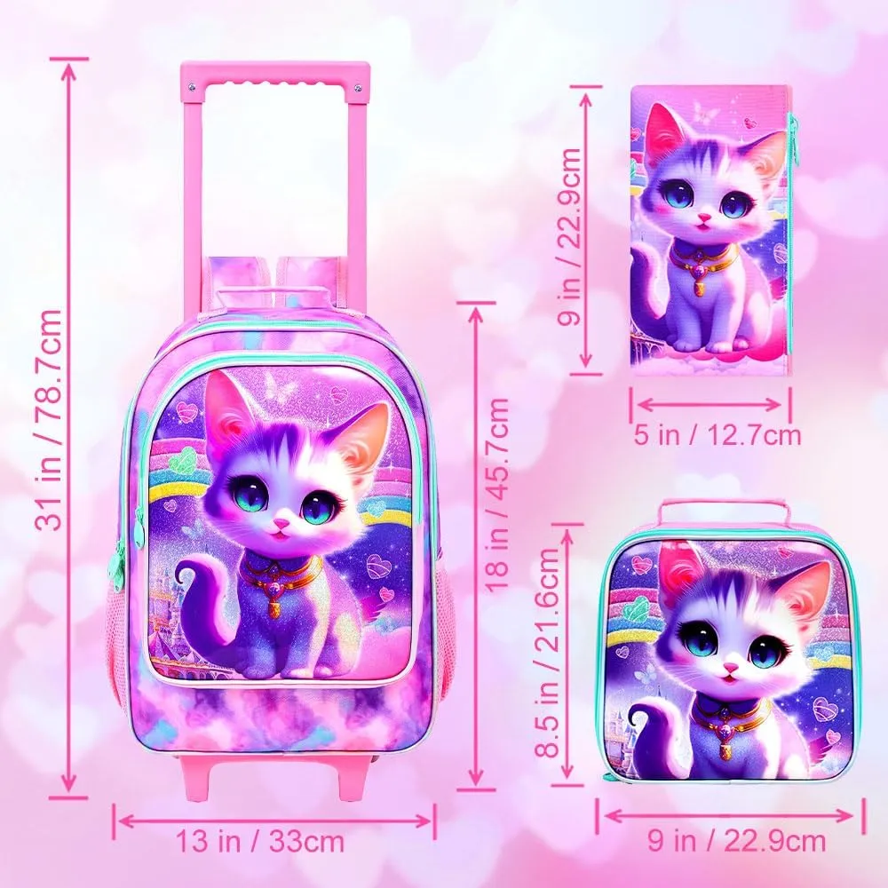 3PCS Rolling Backpack for Girls Boys, Kids Roller Wheeled Bookbag with Lunch Box, Backpacks with Wheels for Elementary