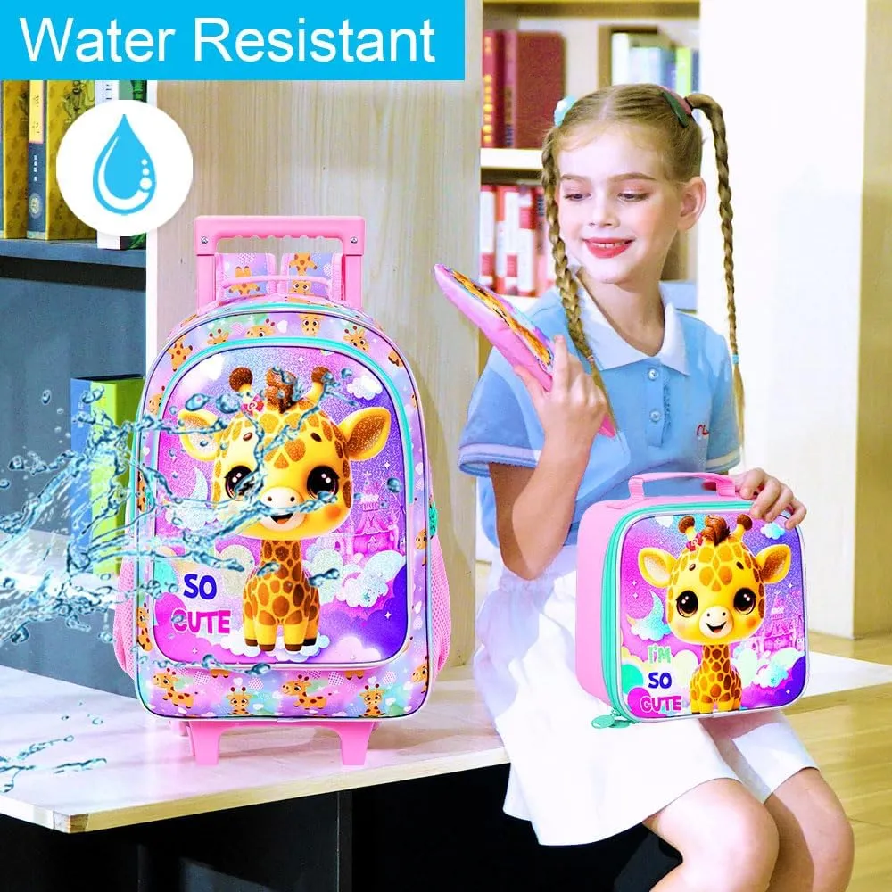 3PCS Rolling Backpack for Girls Boys, Kids Roller Wheeled Bookbag with Lunch Box, Backpacks with Wheels for Elementary