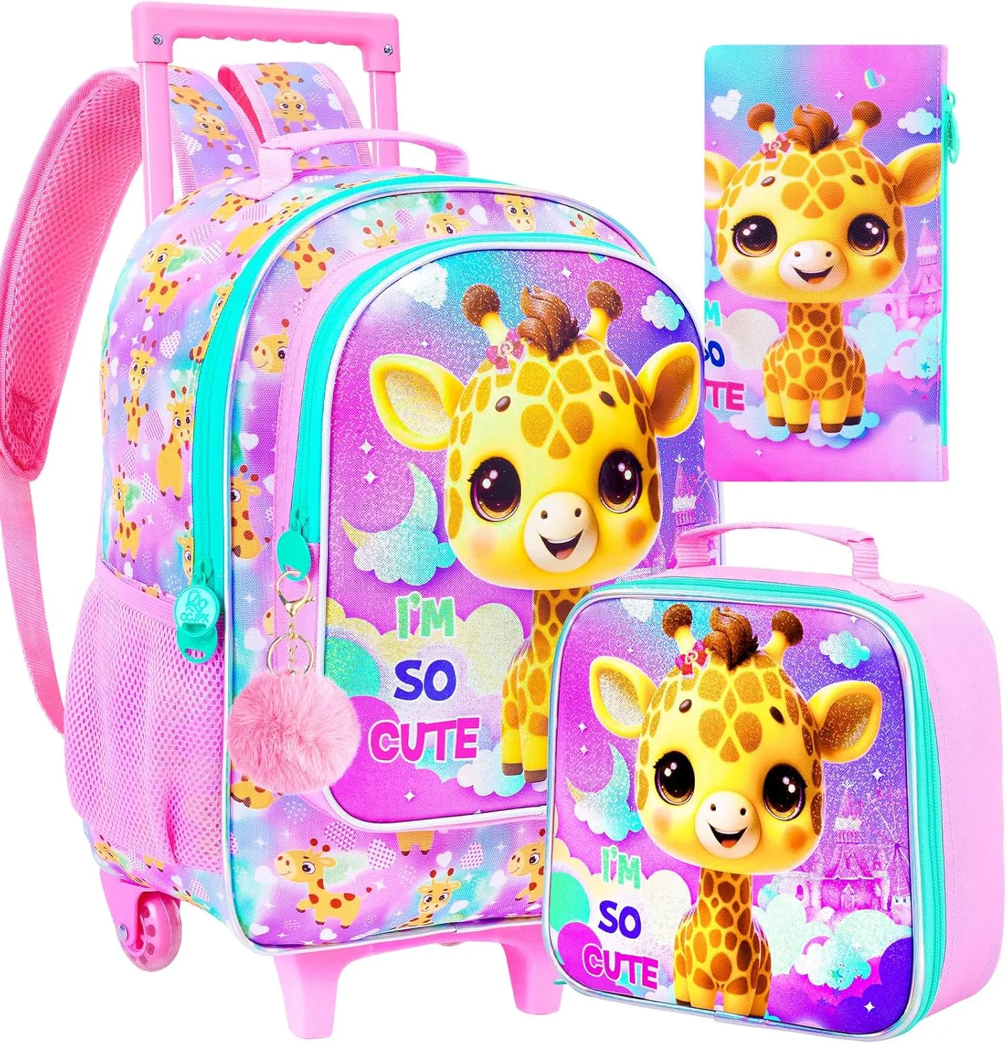 3PCS Rolling Backpack for Girls Boys, Kids Roller Wheeled Bookbag with Lunch Box, Backpacks with Wheels for Elementary