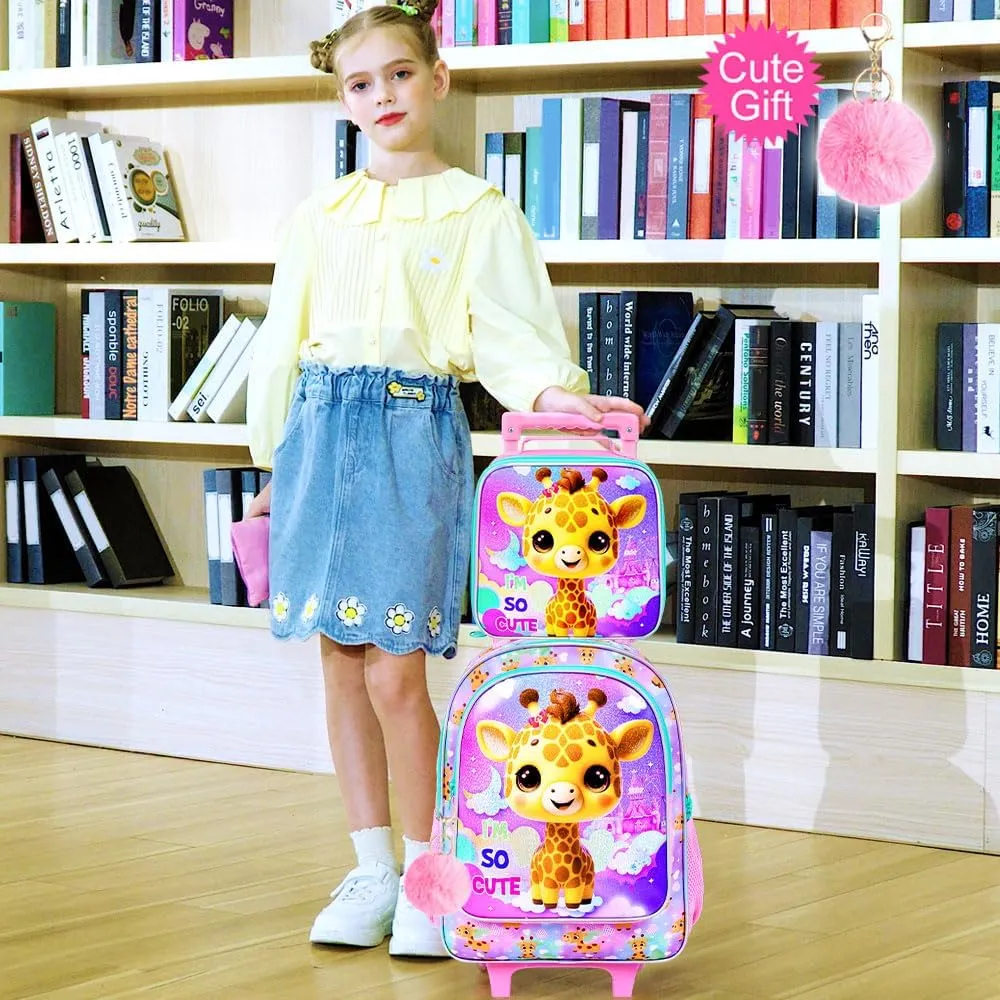 3PCS Rolling Backpack for Girls Boys, Kids Roller Wheeled Bookbag with Lunch Box, Backpacks with Wheels for Elementary