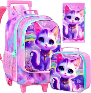 3PCS Rolling Backpack for Girls Boys, Kids Roller Wheeled Bookbag with Lunch Box, Backpacks with Wheels for Elementary
