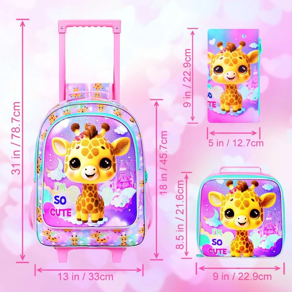 3PCS Rolling Backpack for Girls Boys, Kids Roller Wheeled Bookbag with Lunch Box, Backpacks with Wheels for Elementary