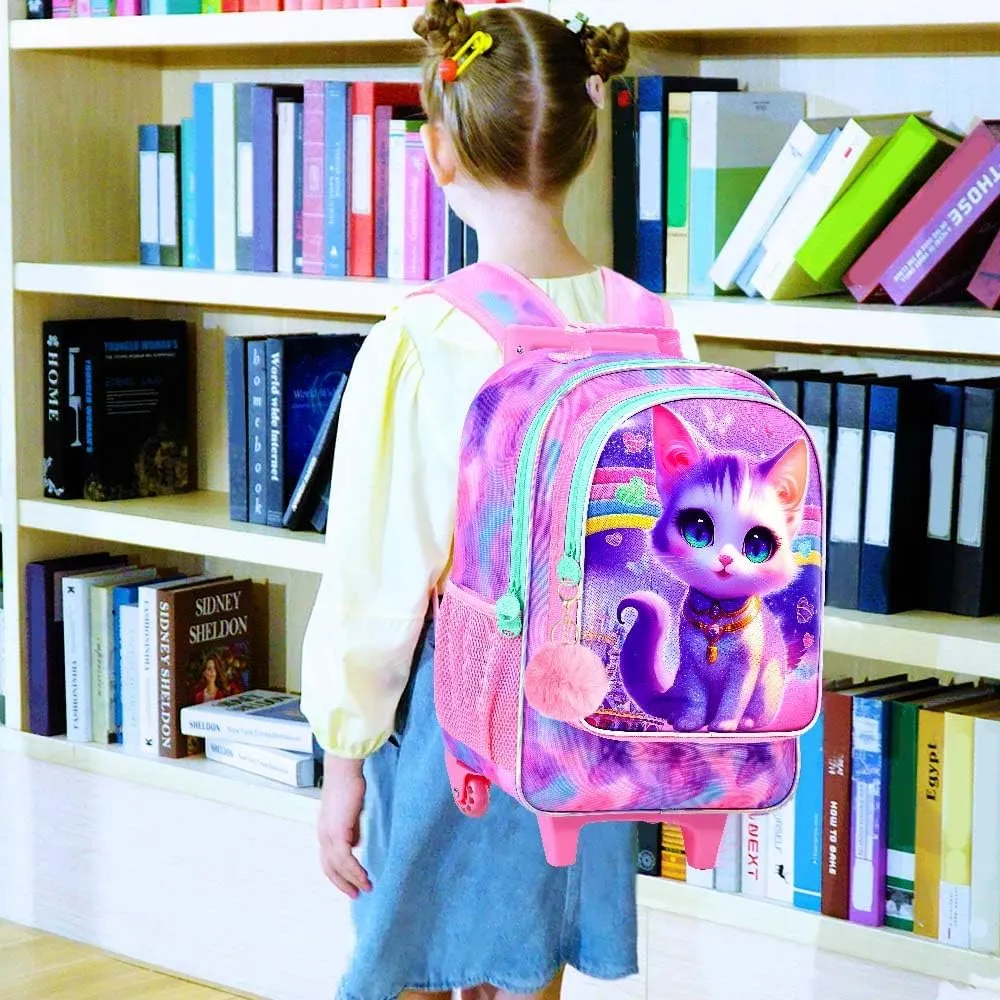 3PCS Rolling Backpack for Girls Boys, Kids Roller Wheeled Bookbag with Lunch Box, Backpacks with Wheels for Elementary
