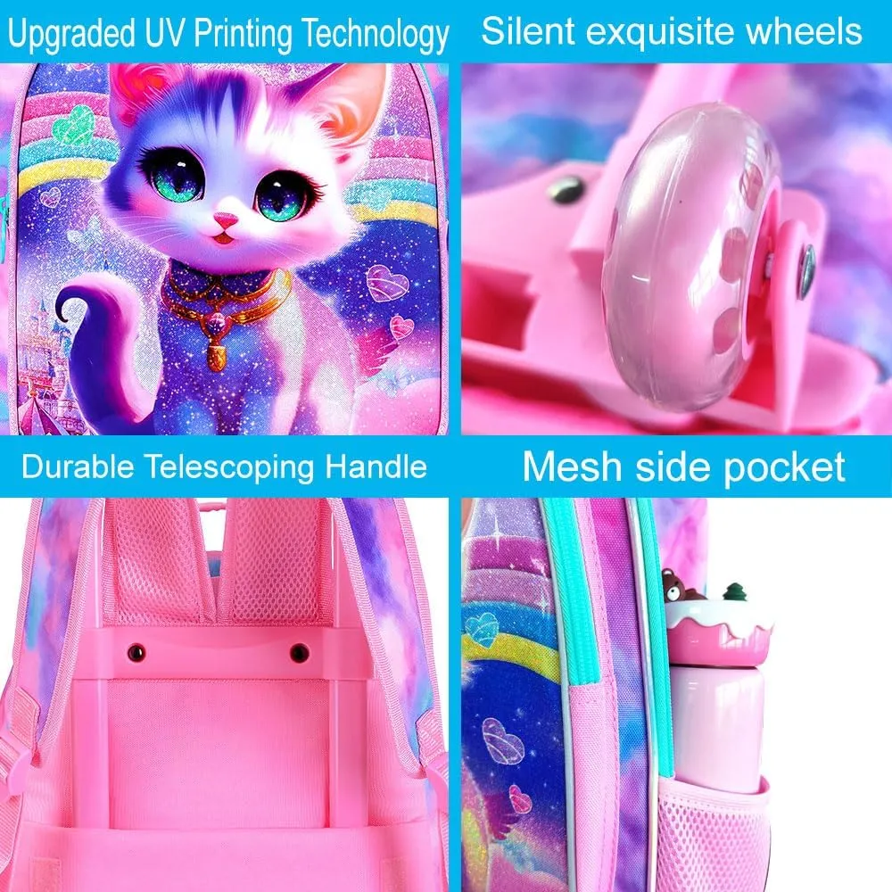 3PCS Rolling Backpack for Girls Boys, Kids Roller Wheeled Bookbag with Lunch Box, Backpacks with Wheels for Elementary