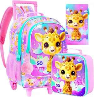 3PCS Rolling Backpack for Girls Boys, Kids Roller Wheeled Bookbag with Lunch Box, Backpacks with Wheels for Elementary