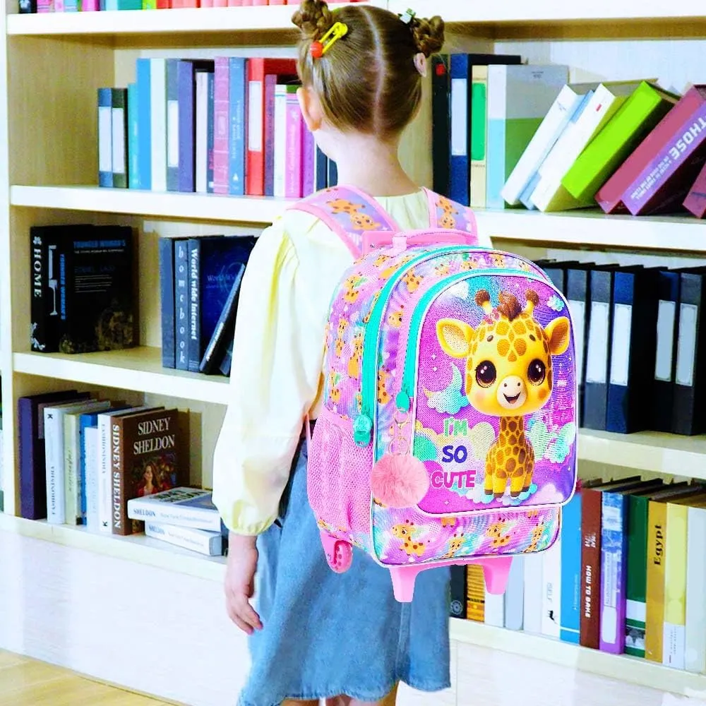 3PCS Rolling Backpack for Girls Boys, Kids Roller Wheeled Bookbag with Lunch Box, Backpacks with Wheels for Elementary