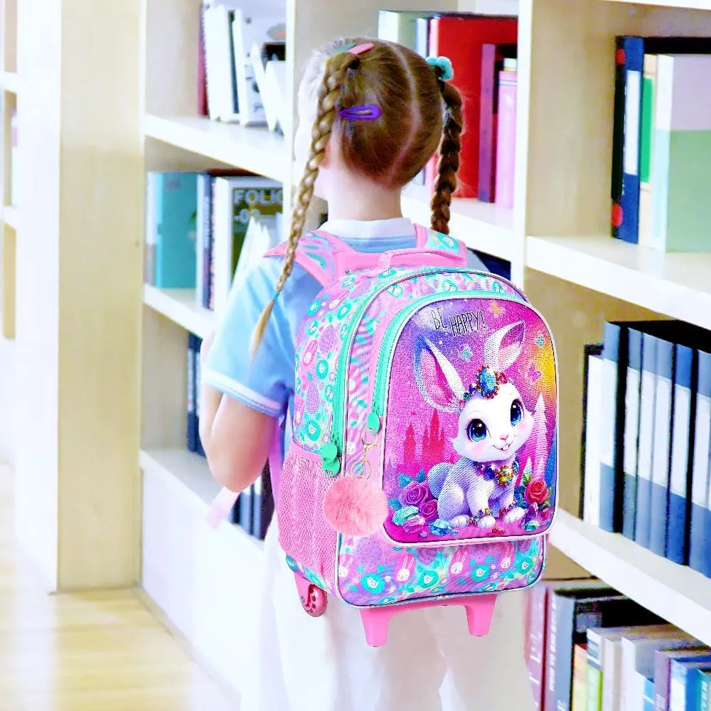 3Pcs Rolling Backpack for Girls, Kids Roller School Backpack with Wheels, Bunny Wheeled Bookbag for Elementary Preschool Kindergarten(Pink)