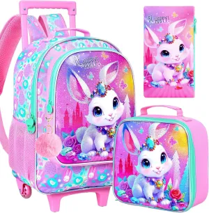 3Pcs Rolling Backpack for Girls, Kids Roller School Backpack with Wheels, Bunny Wheeled Bookbag for Elementary Preschool Kindergarten(Pink)