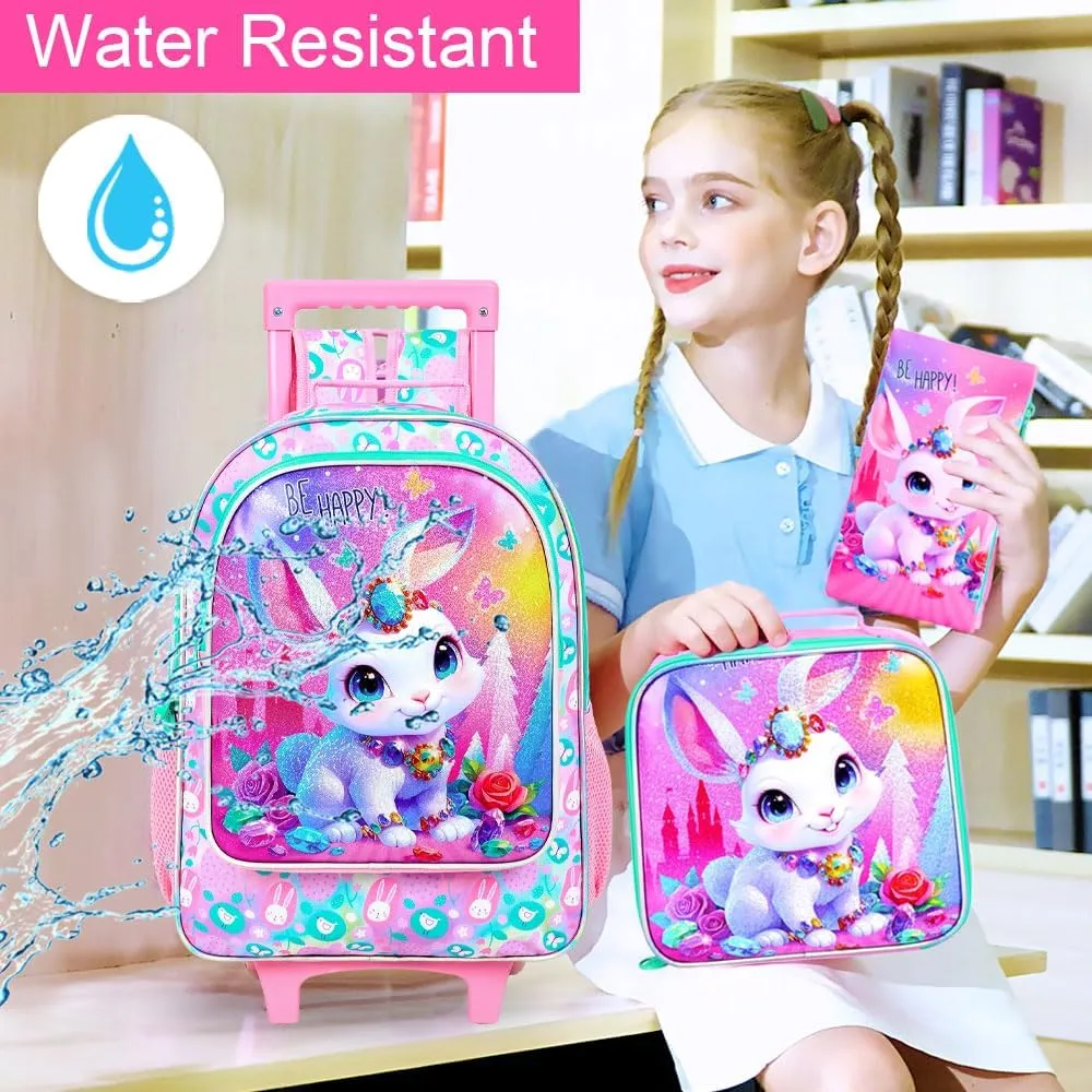 3Pcs Rolling Backpack for Girls, Kids Roller School Backpack with Wheels, Bunny Wheeled Bookbag for Elementary Preschool Kindergarten(Pink)