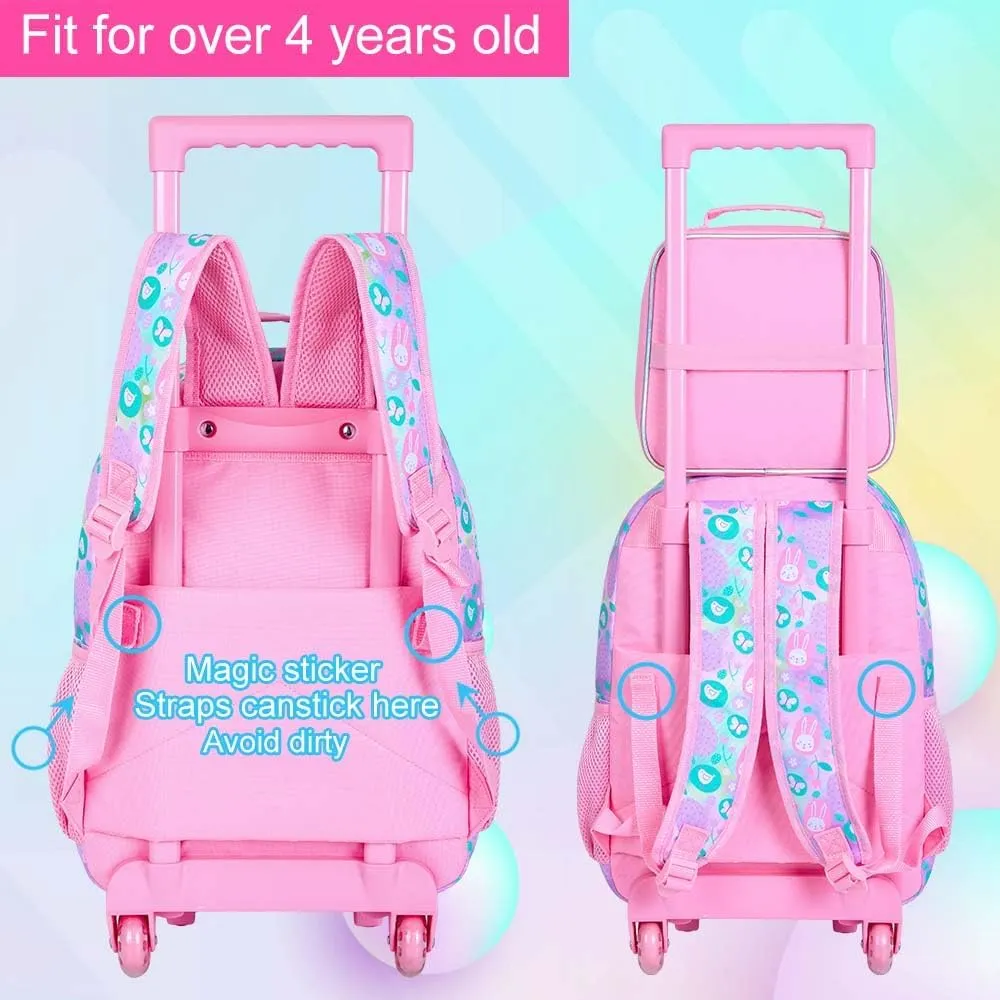 3Pcs Rolling Backpack for Girls, Kids Roller School Backpack with Wheels, Bunny Wheeled Bookbag for Elementary Preschool Kindergarten(Pink)