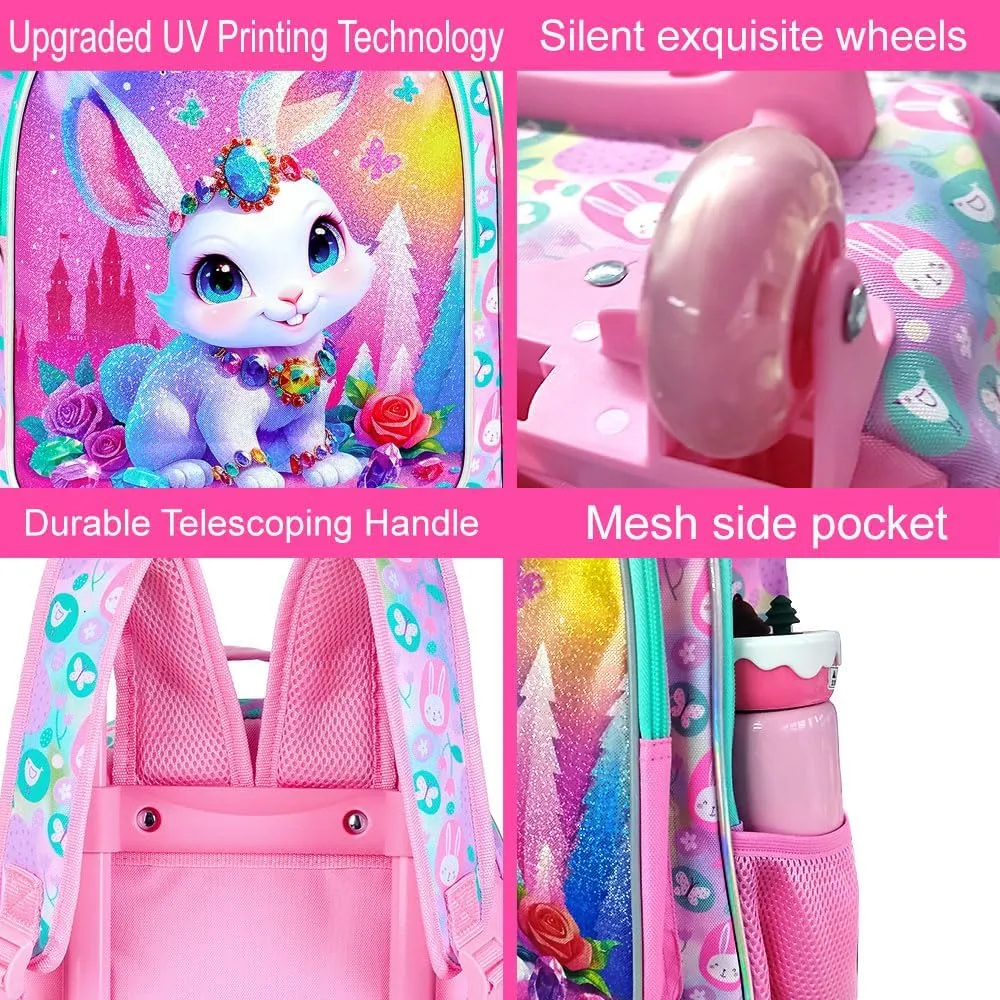 3Pcs Rolling Backpack for Girls, Kids Roller School Backpack with Wheels, Bunny Wheeled Bookbag for Elementary Preschool Kindergarten(Pink)