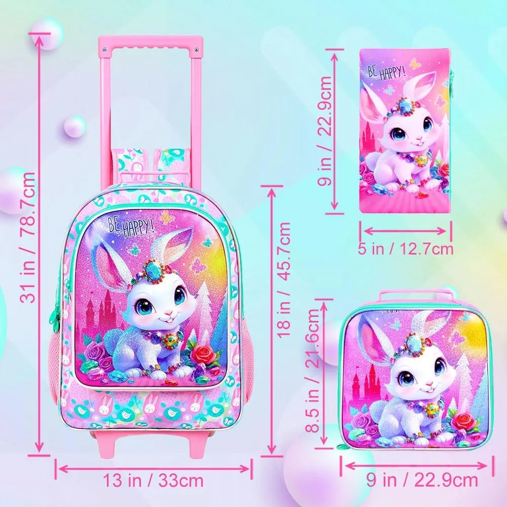 3Pcs Rolling Backpack for Girls, Kids Roller School Backpack with Wheels, Bunny Wheeled Bookbag for Elementary Preschool Kindergarten(Pink)