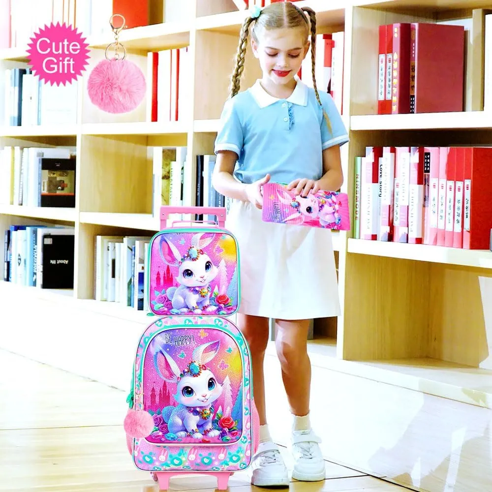3Pcs Rolling Backpack for Girls, Kids Roller School Backpack with Wheels, Bunny Wheeled Bookbag for Elementary Preschool Kindergarten(Pink)