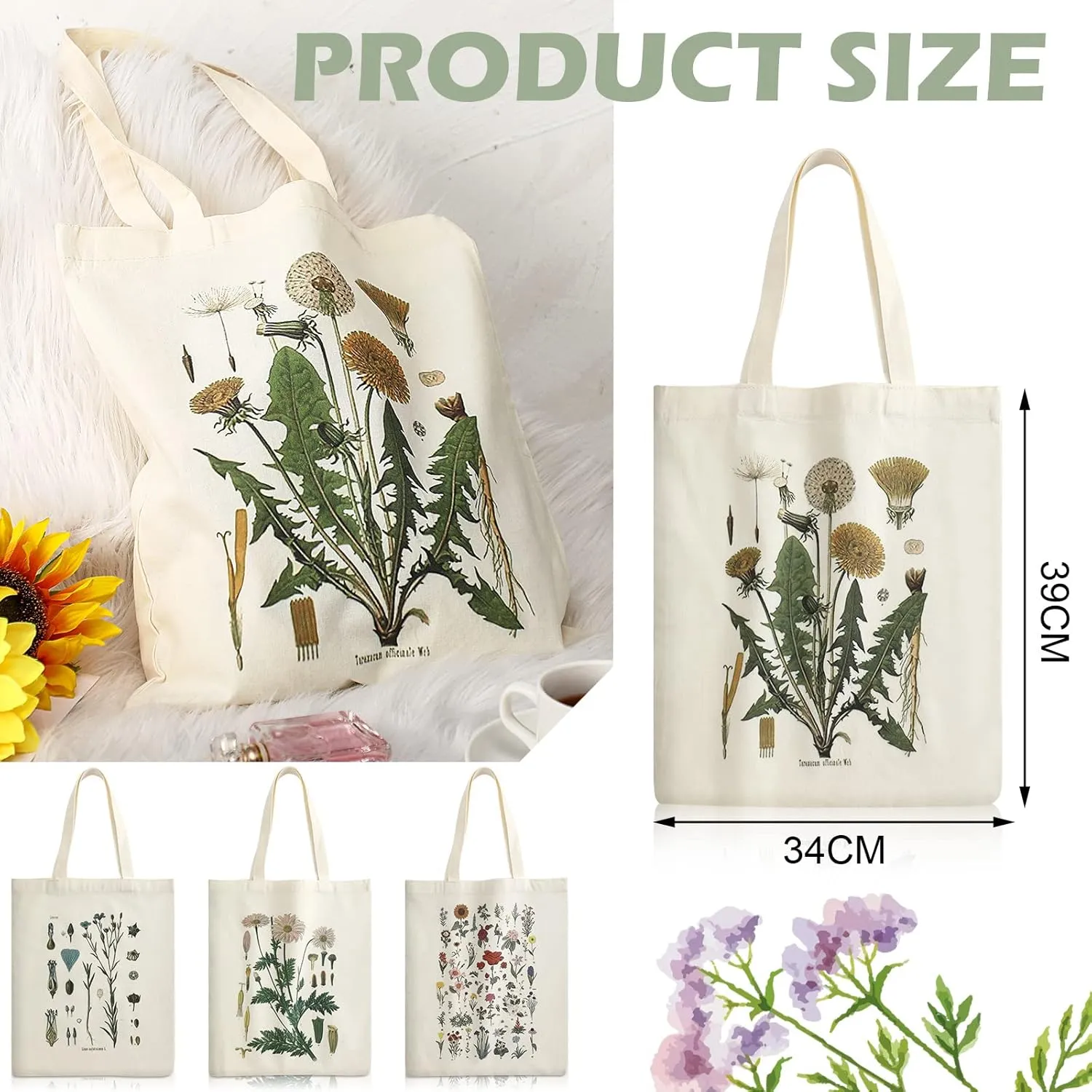 4 Pieces Floral Canvas Tote Bag for Women Flower Reusable Grocery Shopping Bag Aesthetic for Christmas Gift