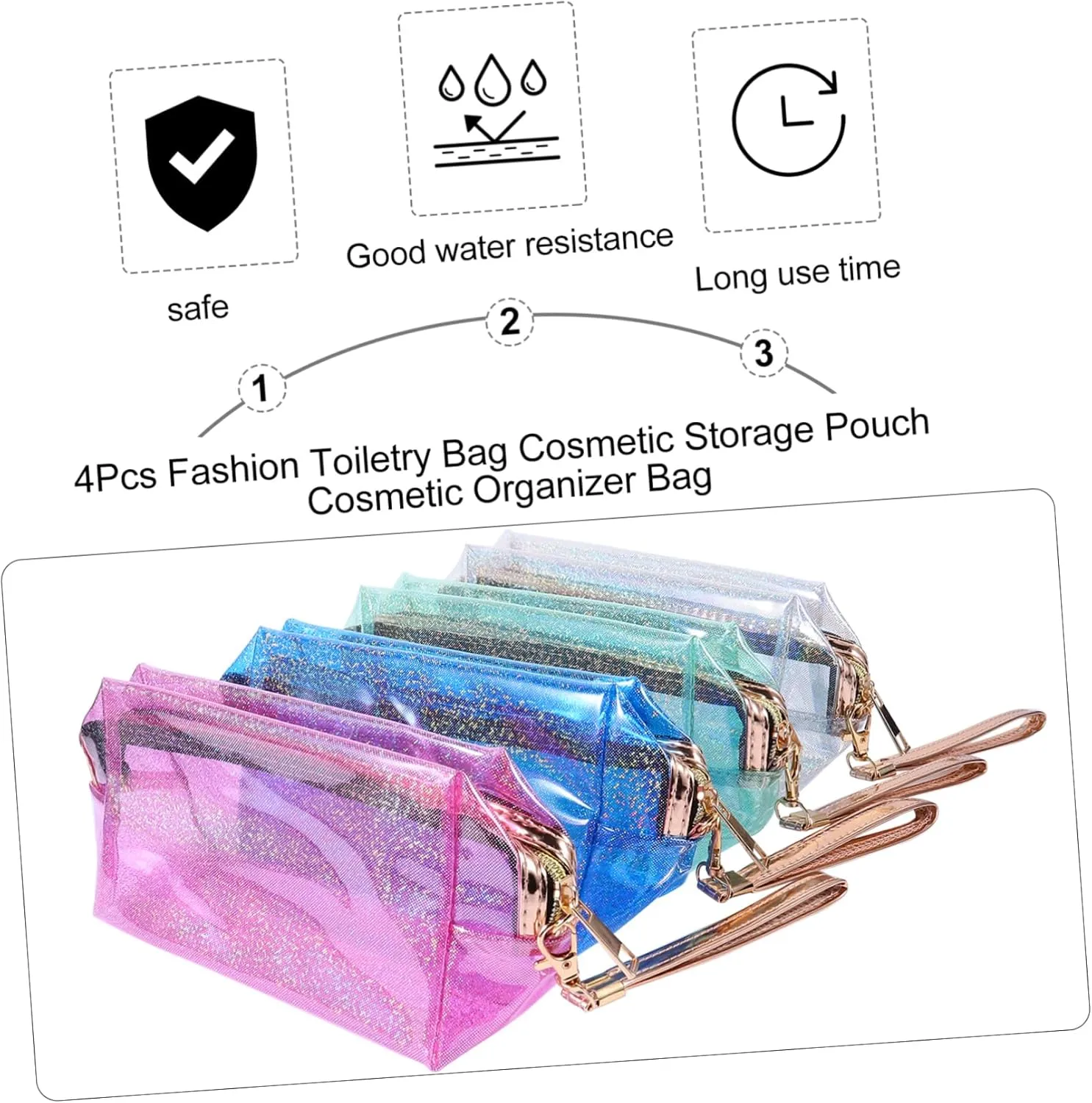 4pcs Transparent Cosmetic Bag Travel Bag Miss Make up, Assorted Color 1, 18X10cm