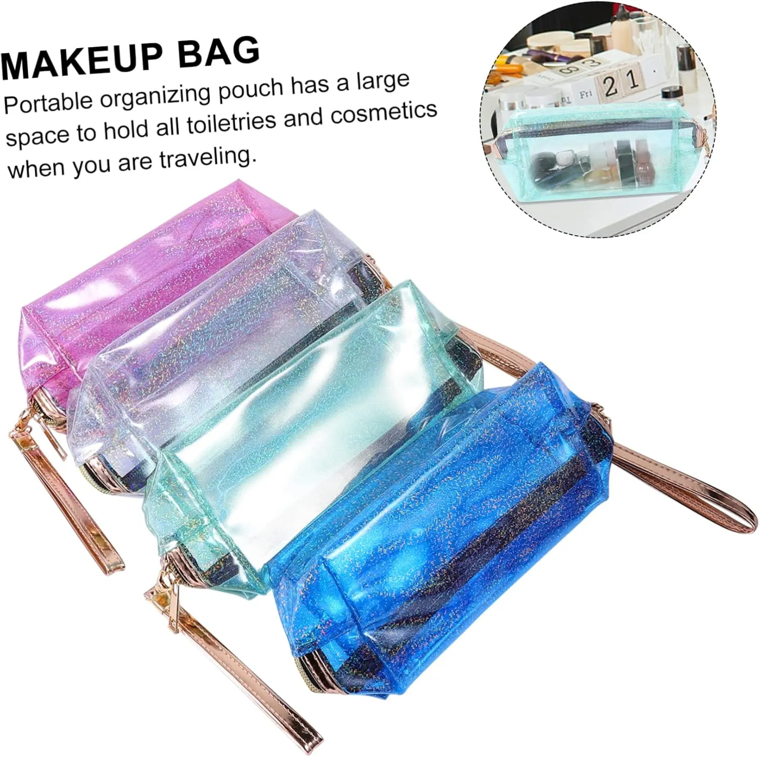 4pcs Transparent Cosmetic Bag Travel Bag Miss Make up, Assorted Color 1, 18X10cm