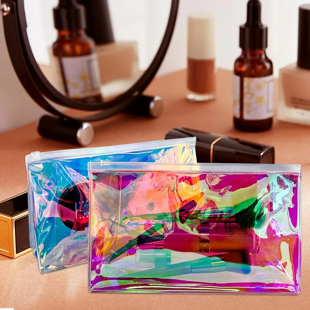 5PCS Holographic Clear Makeup Bag Bulk,Zipper Portable Waterproof Toiletry Pouch,Iridescent Storage Cosmetic Bags for Women (Green-5 pcs)