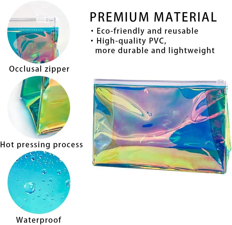 5PCS Holographic Clear Makeup Bag Bulk,Zipper Portable Waterproof Toiletry Pouch,Iridescent Storage Cosmetic Bags for Women (Green-5 pcs)