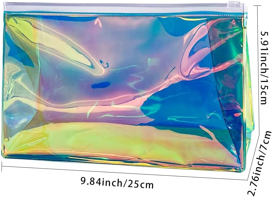 5PCS Holographic Clear Makeup Bag Bulk,Zipper Portable Waterproof Toiletry Pouch,Iridescent Storage Cosmetic Bags for Women (Green-5 pcs)