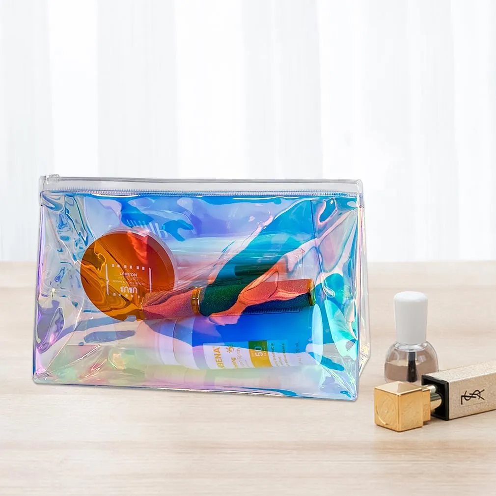 5PCS Holographic Clear Makeup Bag Bulk,Zipper Portable Waterproof Toiletry Pouch,Iridescent Storage Cosmetic Bags for Women (Green-5 pcs)