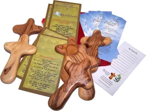 6 Olive Wood Holding Hand Crosses with Gift Bags (With Red or Black Velvet Bag) From Bethlehem
