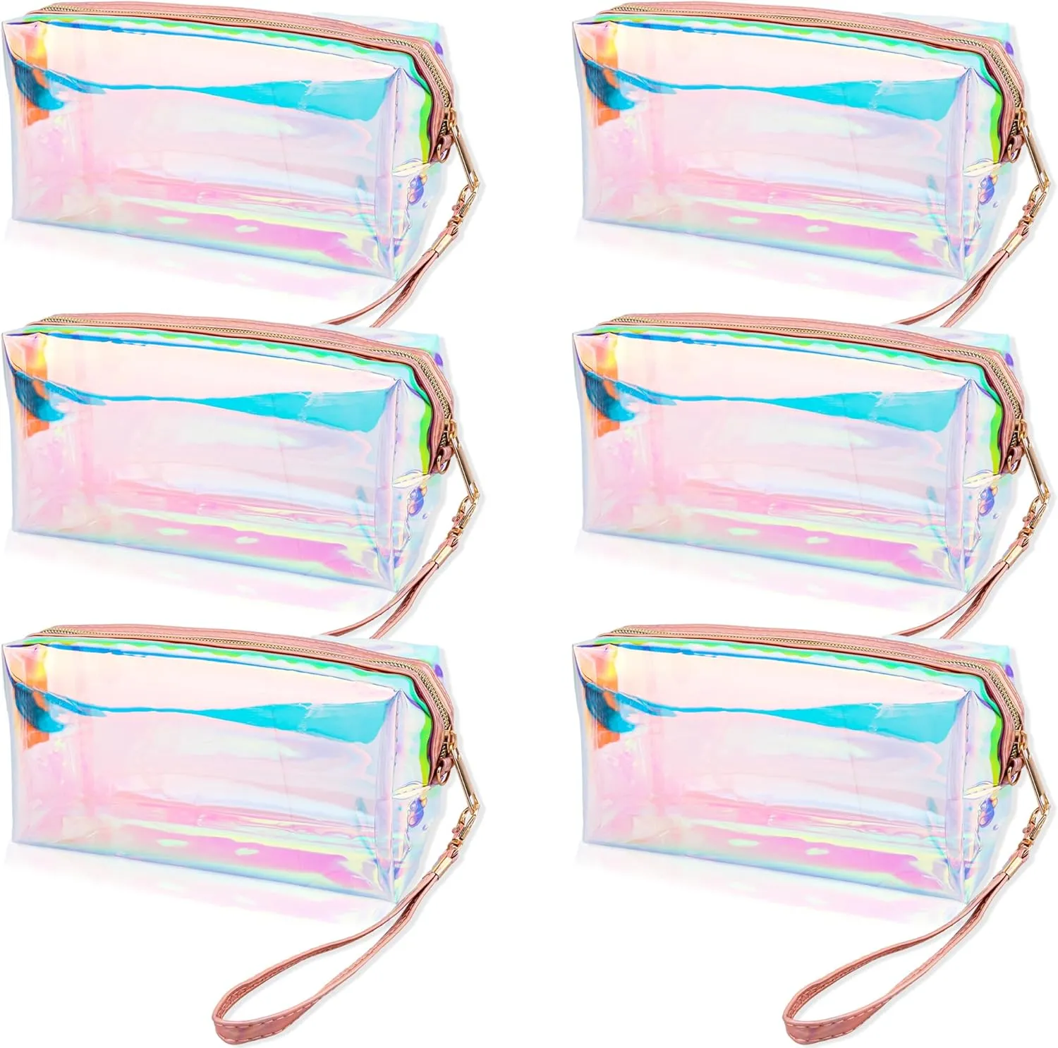 6 Pack Holographic Clear Makeup Bag Iridescent Waterproof Cosmetic Pouch with Wrist Loop Portable Toiletry Organizer TPU Travel Makeup Bags with Zipper for Girls
