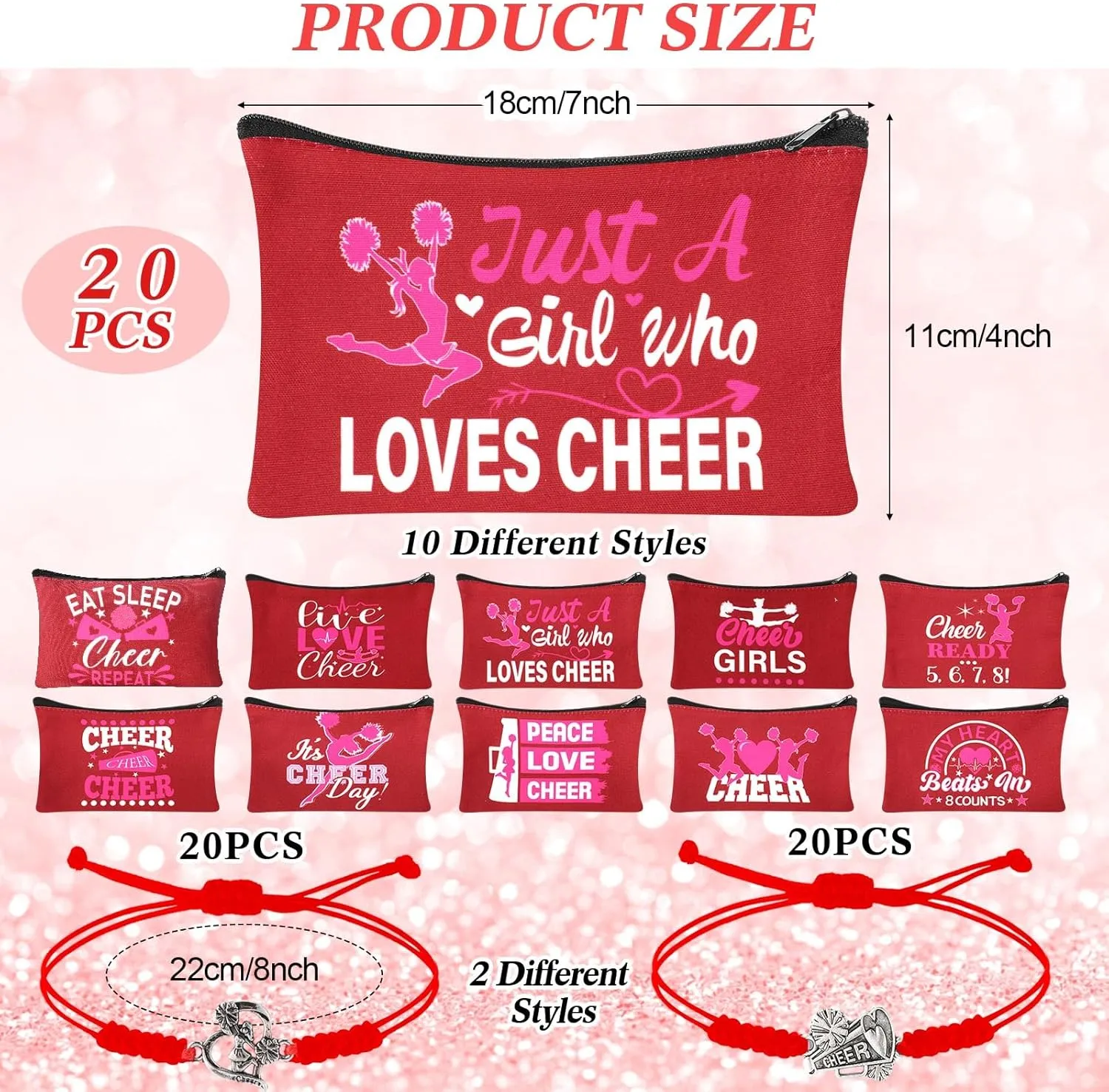 80 Pcs Cheer Gift Bulk for Team Cheerleader Gifts Include 20 Cheerleader Bracelet 20 Cheer Makeup Bag 20 Keychain 20 Scrunchies for Cheerleading Party Favors