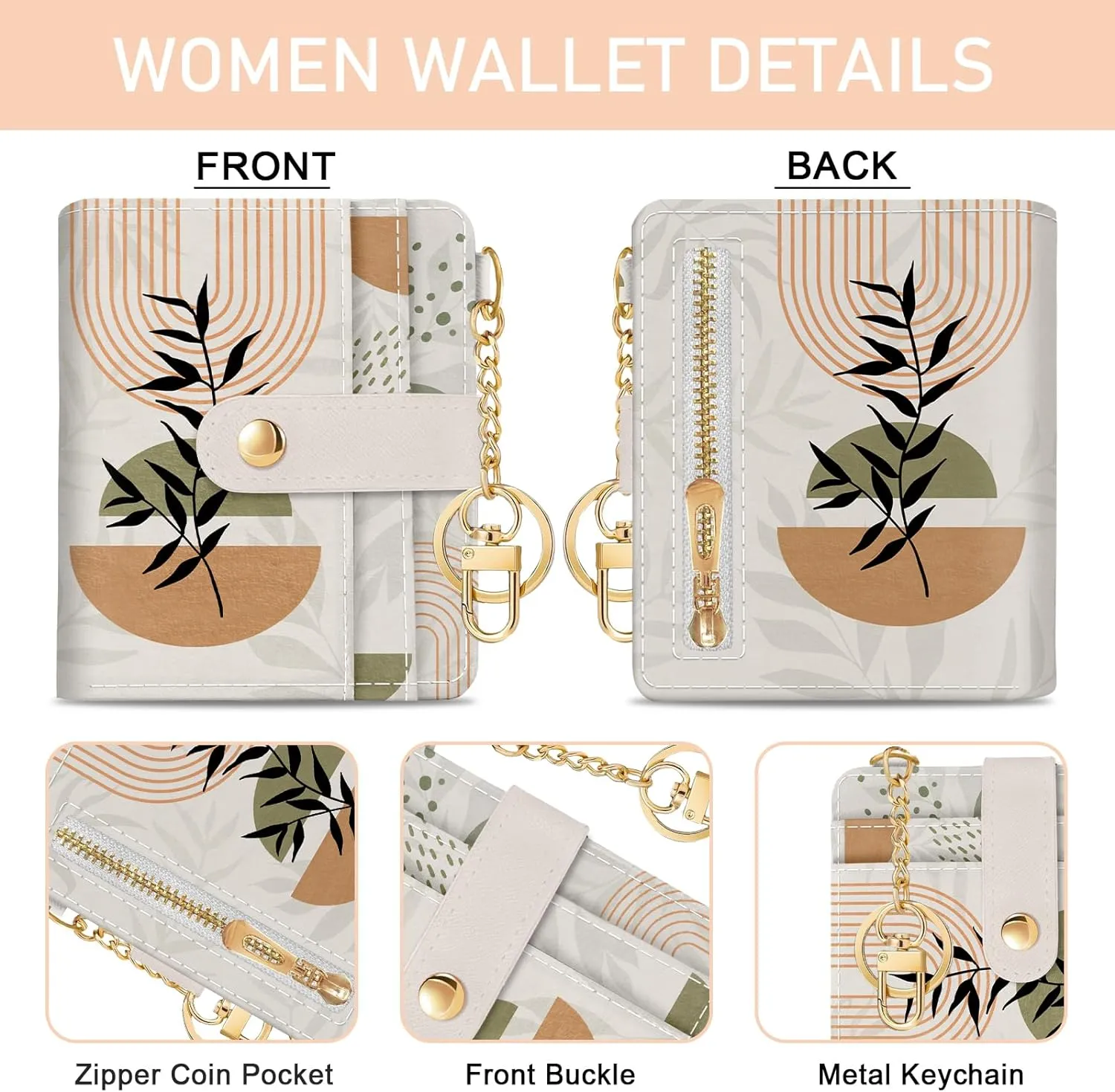 Abstract Boho Leaves Rfid Ladies Wallet, Small Slim Thin Compact Credit Card Women Wallet, PU Leather Bifold Cash Zipper Coin Pocket ID Window for Female