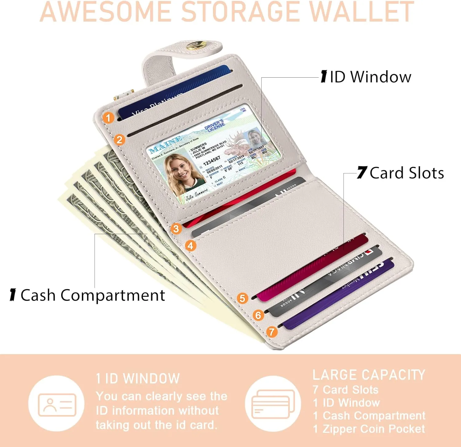 Abstract Boho Leaves Rfid Ladies Wallet, Small Slim Thin Compact Credit Card Women Wallet, PU Leather Bifold Cash Zipper Coin Pocket ID Window for Female