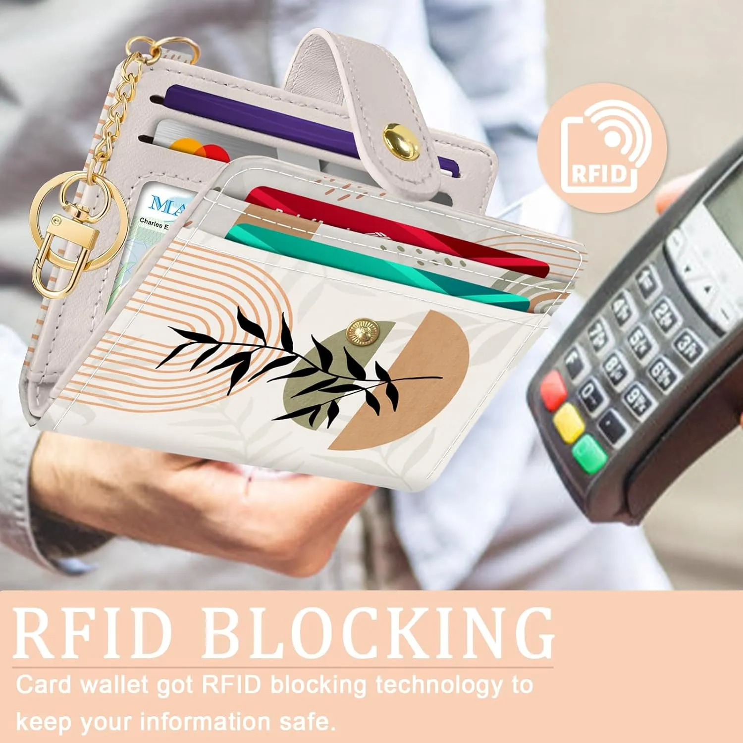Abstract Boho Leaves Rfid Ladies Wallet, Small Slim Thin Compact Credit Card Women Wallet, PU Leather Bifold Cash Zipper Coin Pocket ID Window for Female
