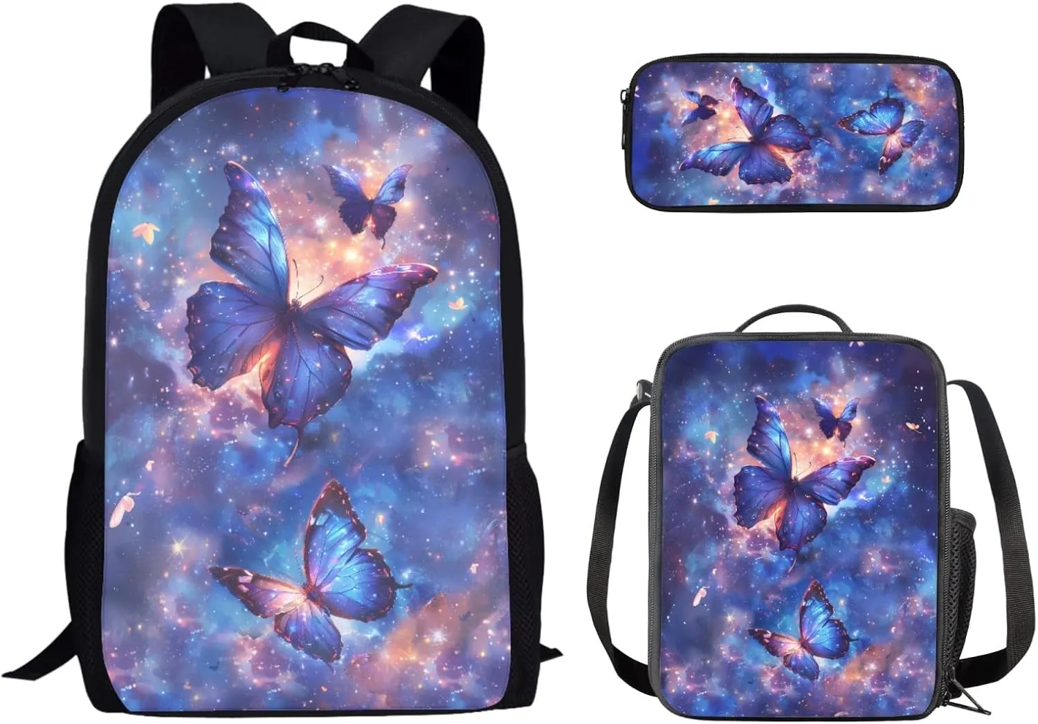 Abstract Butterfly Large Kids Backpack Set 3 Piece Bookbag with Cooler Warmer Lunch Box Pencil Case Holder for Elementary School Students