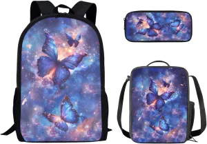 Abstract Butterfly Large Kids Backpack Set 3 Piece Bookbag with Cooler Warmer Lunch Box Pencil Case Holder for Elementary School Students